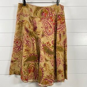 Lauren Ralph Lauren Womens 100% Linen Paisley Midi Skirt sz 10 Tan‎ Boho Whimsy